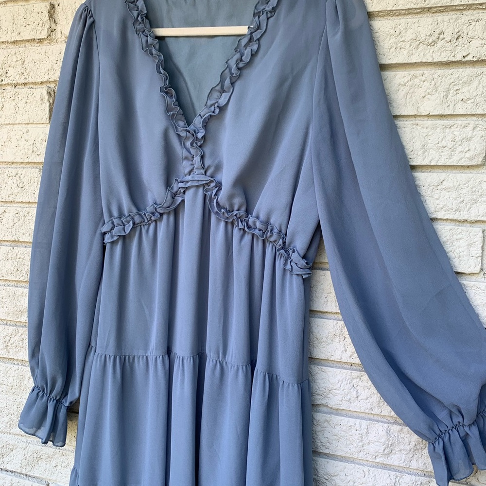 Dusty Blue Ruffle Dress - Picture 2 of 7